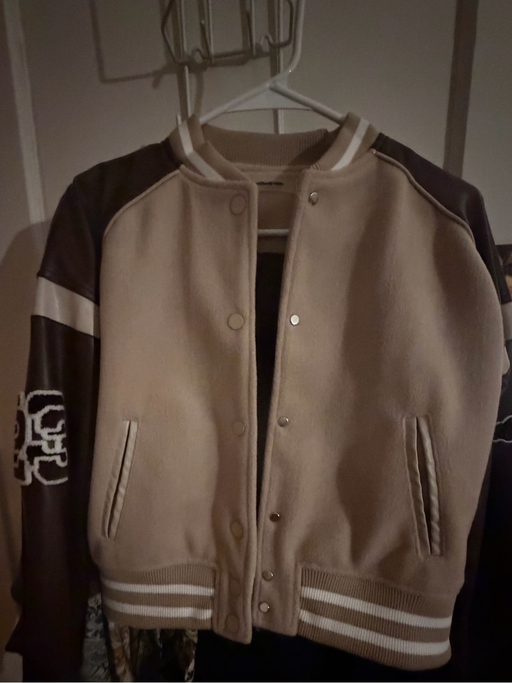 Maniere De Voir Beige and Brown Varsity Bomber Jacket - Picture 4 of 5